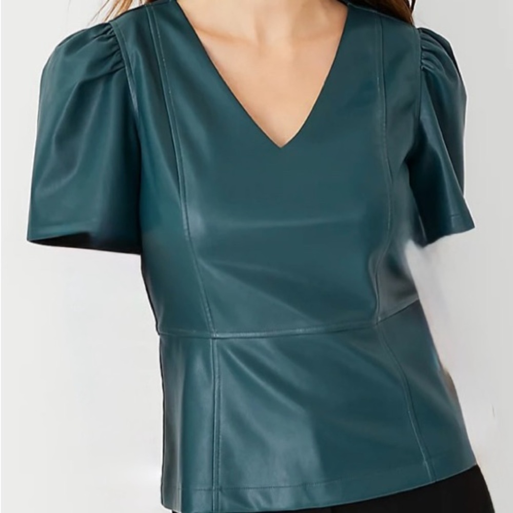 Ann Taylor Teal Faux Leather V-Neck Blouse